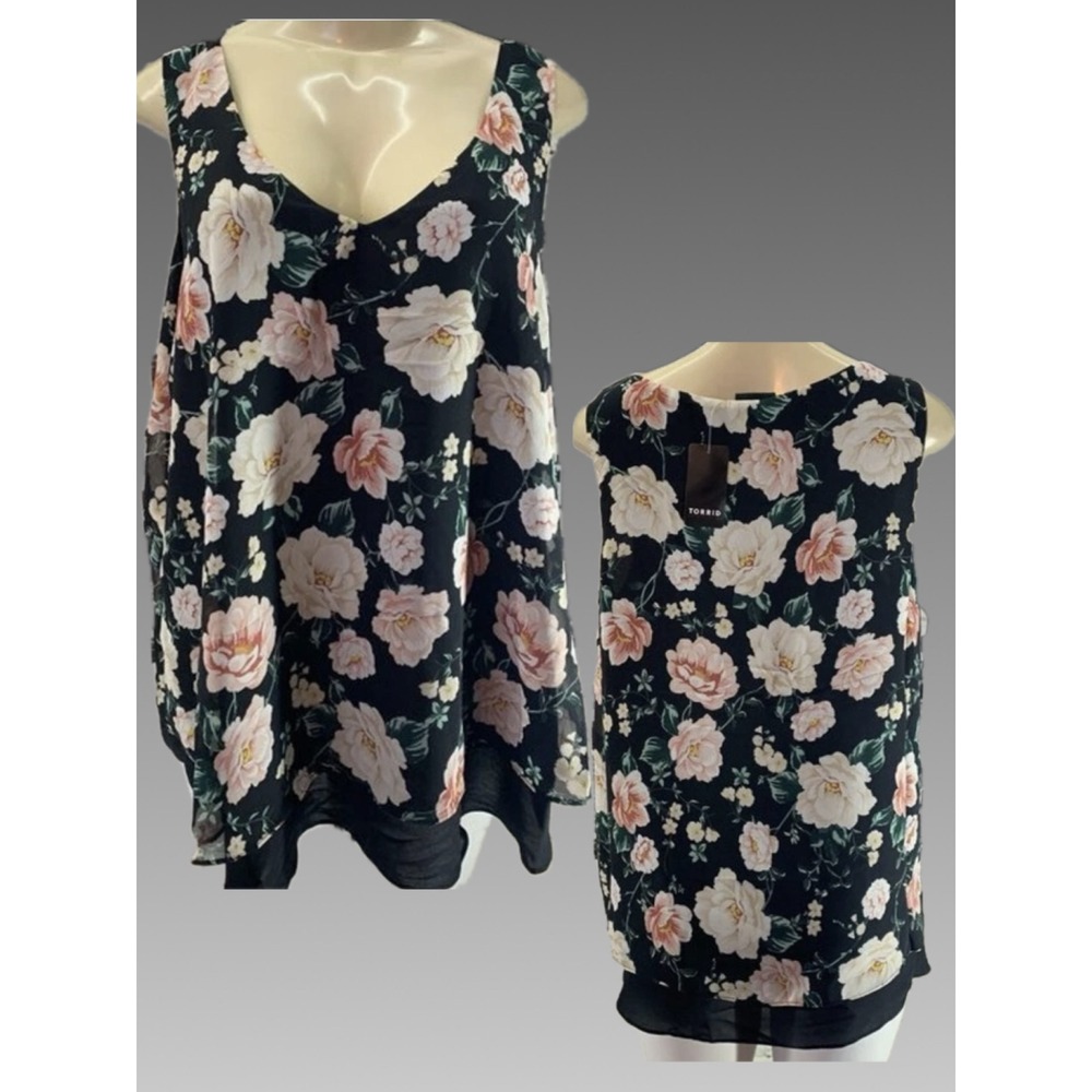 Torrid L  Black Floral Chiffon Double Layer Tank Top V-Neckline Relaxed Fit